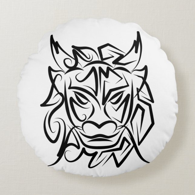 Cojín Redondo Dragón tribal blanco y negro (Anverso)