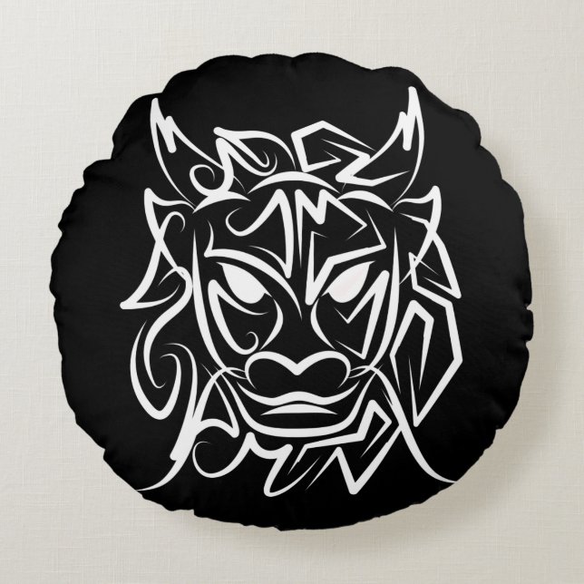 Cojín Redondo Dragón tribal blanco y negro (Anverso)