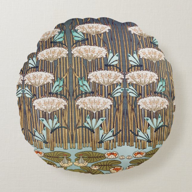 Cojín Redondo Dragonflies Water Lilies Marsh Art Nouveau (Anverso)