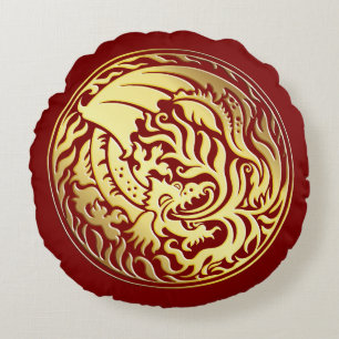 Cojín Redondo Dragonround - Oro en rojo
