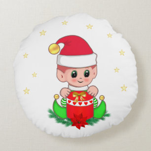 Cojín Redondo Duende de Navidad, pino, poinsettia y estrellas