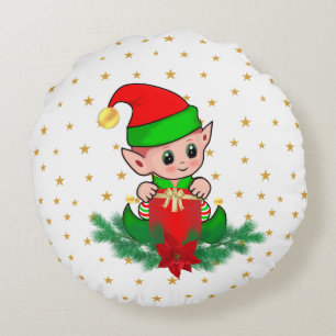 Cojín Redondo Duende de Navidad, pino, poinsettia y estrellas re