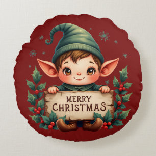 Cojín Redondo Duende Navideño Adorable Sosteniendo Letrero Alegr