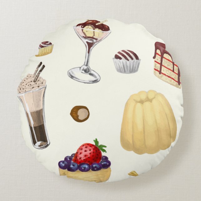 Cojín Redondo Dulce con postres variados. (Anverso)
