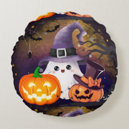 Cojín Redondo Dulce Fantasma de Halloween con Sombrero de Bruja 