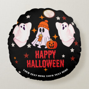 Cojín Redondo Dulce Fantasma y Calabaza Texto Personalizado Feli