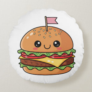 Cojín Redondo Dulce ilustración sonriente de hamburguesa Kawaii