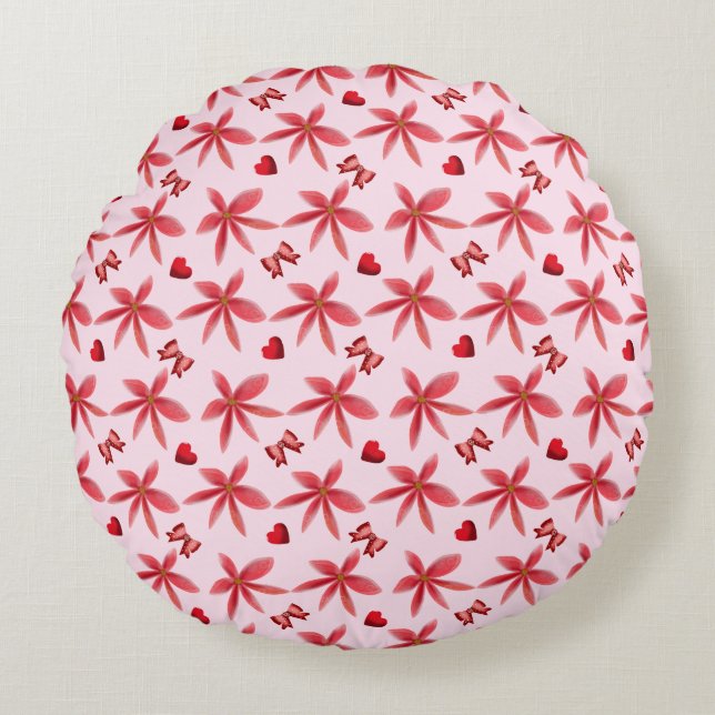 Cojín Redondo Dulce Patrón Floral Rojo de Corazón Sin Costuras F (Anverso)