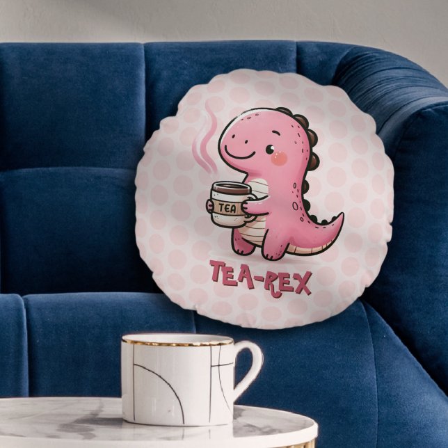 Cojín Redondo Dulce personalizable de té y  Dinosaurio Animal Pu (Sweet Tea-Rex Customizable Dinosaur Animal Pun Polka Dot Pillow)