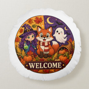 Cojín Redondo Dulce Zorro de Halloween Bruja Fantasma Otoño Invi