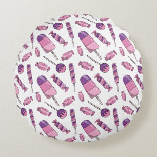 Cojín Redondo Dulces Paletas de Caramelo Rosadas y Moradas 