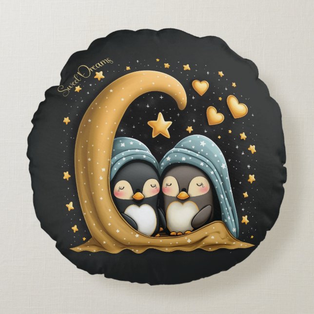 Cojín Redondo Dulces Sueños Diseño Lindo Pingüino (Anverso)