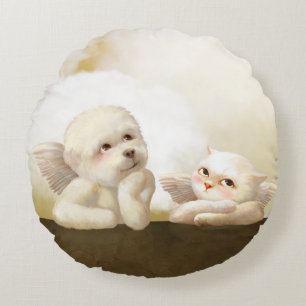 Cojín Redondo Dúo Angelical: Bichon Sonriente y Nube Bao Bao