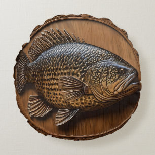 Cojín Redondo Ecos del río: Impresión de madera de bacalao murra