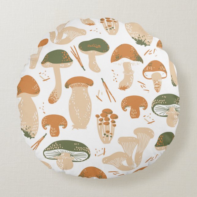 Cojín Redondo Edible Mushrooms seamless pattern. Linocut old sty (Anverso)