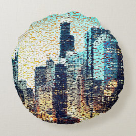 Cojín Redondo Edificios de la ciudad azul en estilo mosaico con 