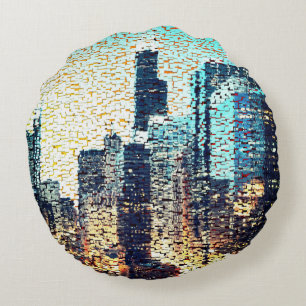 Cojín Redondo Edificios de la ciudad azul en estilo mosaico con