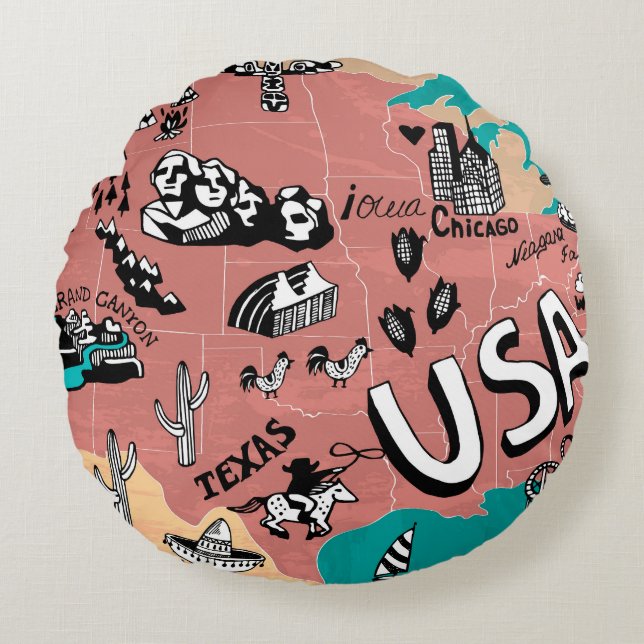Cojín Redondo EEUU Ilustrado: Colorido Viaje Mapa. (Anverso)