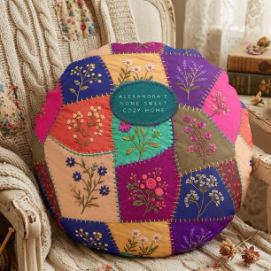 Cojín Redondo Efecto bordado de patchwork floral Cottagecore