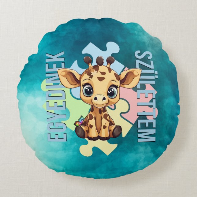 Cojín Redondo Egyedinek születtem – kedves zsiráfos design (Anverso)
