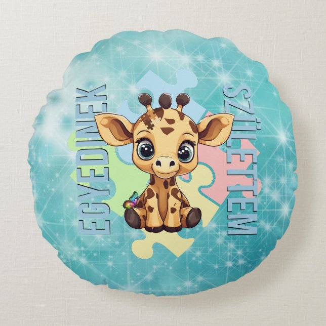 Cojín Redondo Egyedinek születtem – kedves zsiráfos design (Anverso)