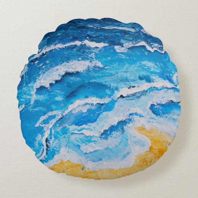 Cojín Redondo El acrílico mar y la pintura de la playa en el dib (Anverso)