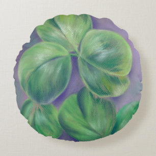 Cojín Redondo El amante verde shamrock en el arte púrpura pastel