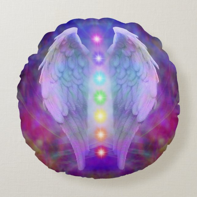Cojín Redondo El amor, chakra, ángel, dios, curador, curando, (Anverso)