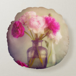 Cojín Redondo El antiguo Bouquet Peony en las jaulas de vidrio