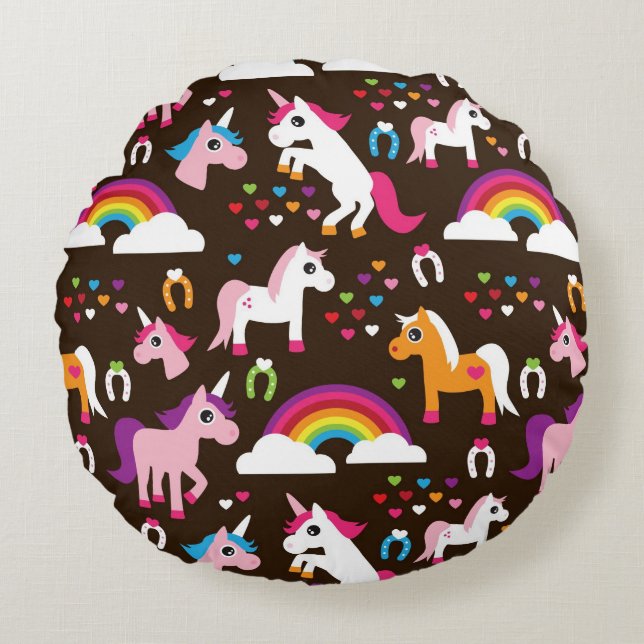 Cojín Redondo el arco iris del unicornio embroma el caballo del (Anverso)