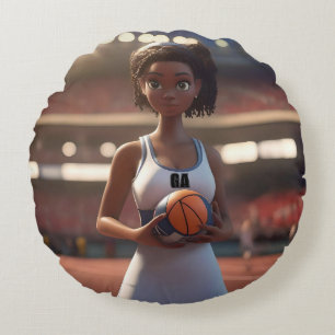 Cojín Redondo El ascenso del Chica de Netball de piel morena