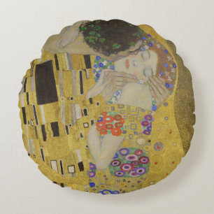 Cojín Redondo El Beso, Pintura al Óleo Art Nouveau, Gustav Klimt