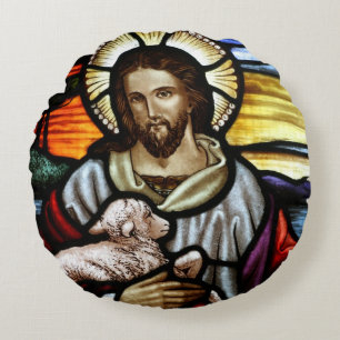 Cojín Redondo El Buen Pastor; Jesús en vidrios manchados