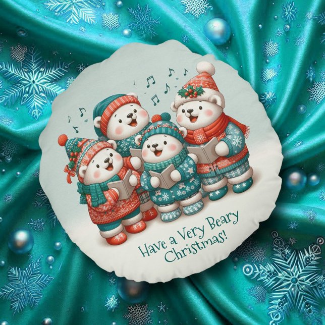 Cojín Redondo ¡El canto de los osos polares tiene Navidades muy  (Cute Polar Bears Sing Have a Very Beary Christmas Round Throw Pillow Cover Photo)