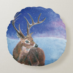 Cojín Redondo El Cervus Elaphus de ciervo rojo y el paisaje inve