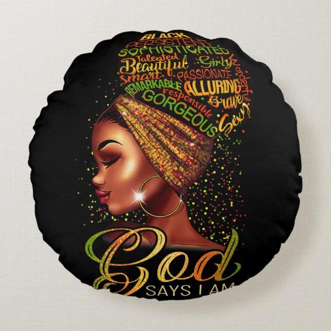 Cojín Redondo El Chica afroamericano Dios dice que soy un orgull (Anverso)