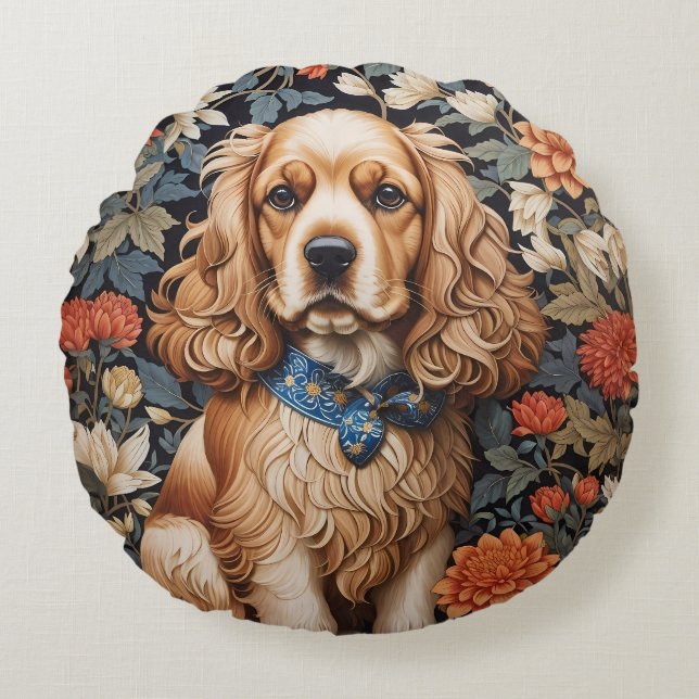 Cojín Redondo El Cocker Spaniel William Morris inspiró la floral (Anverso)