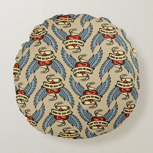 Cojín Redondo El Corazón Vintage Con Alas, El Amor Te Da Alas (Anverso)