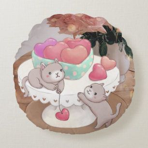 Cojín Redondo El día de San Valentín: Gatos, Cookies del Corazón