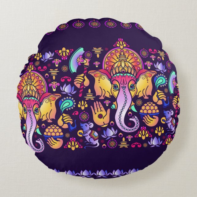 Cojín Redondo El Dios hindú Ganesha y los símbolos indios en fra (Anverso)