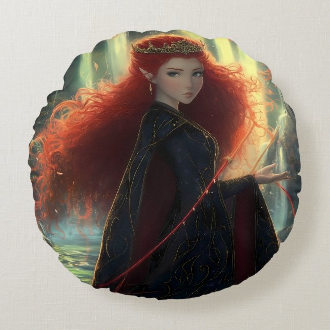 Cojín Redondo El elfo místico en un bosque de fantasía (Anverso)