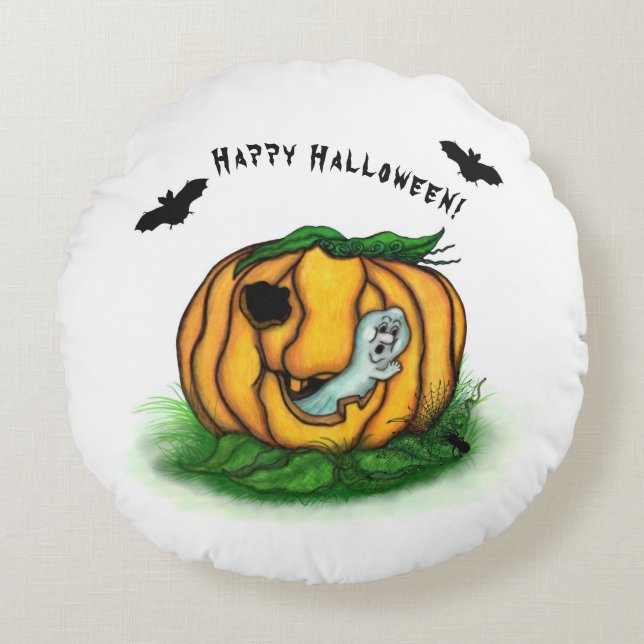 Cojín Redondo El fantasma de Halloween , Bat , Ghost y Spider (Anverso)