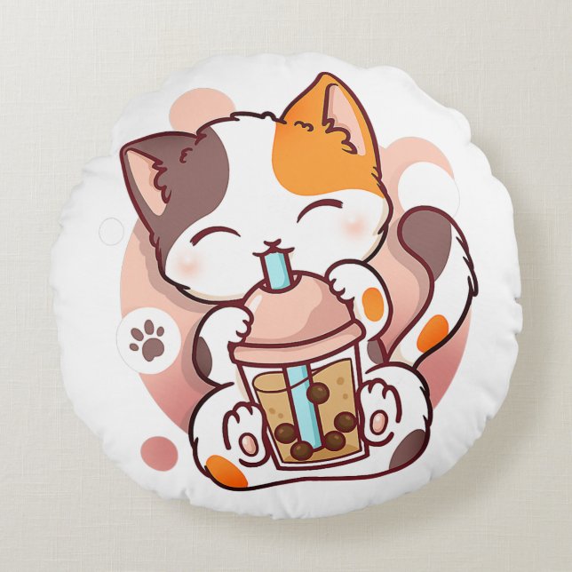 Cojín Redondo El gato Boba Tea Bubble Tea Anime Kawaii Neko para (Anverso)