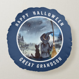 Cojín Redondo El gato negro de Halloween y la noche estrellada d