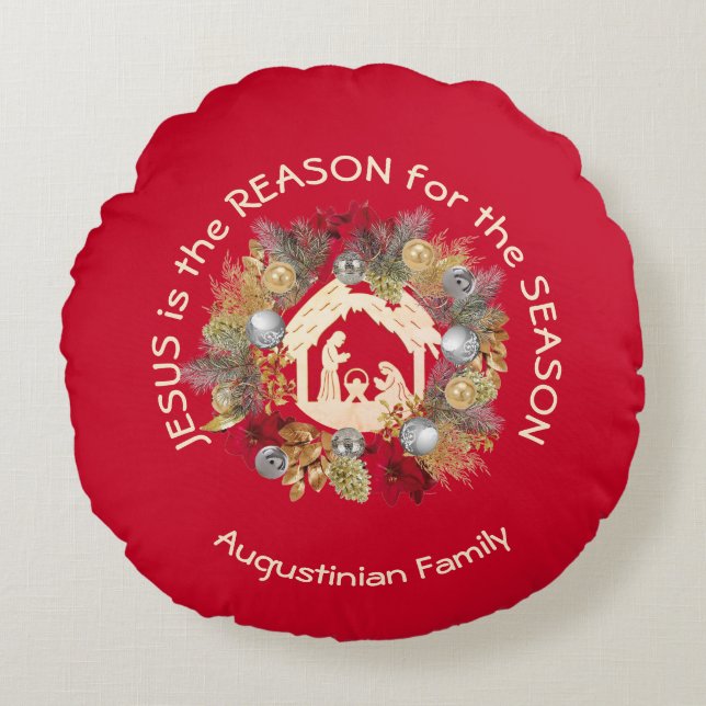 Cojín Redondo El JESÚS Rojo ES LA RAZÓN POR LA QUE LOS Navidades (Anverso)