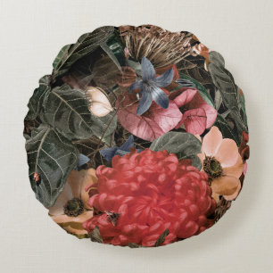 Cojín Redondo El mural en la pared. Flores y plantas con mechone