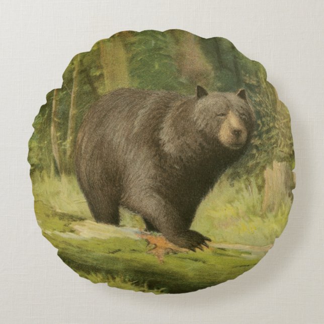 Cojín Redondo El oso negro pisando un tronco de árbol (Anverso)