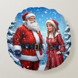 Cojín Redondo El Papá Noel festivo y la Sra. Claus