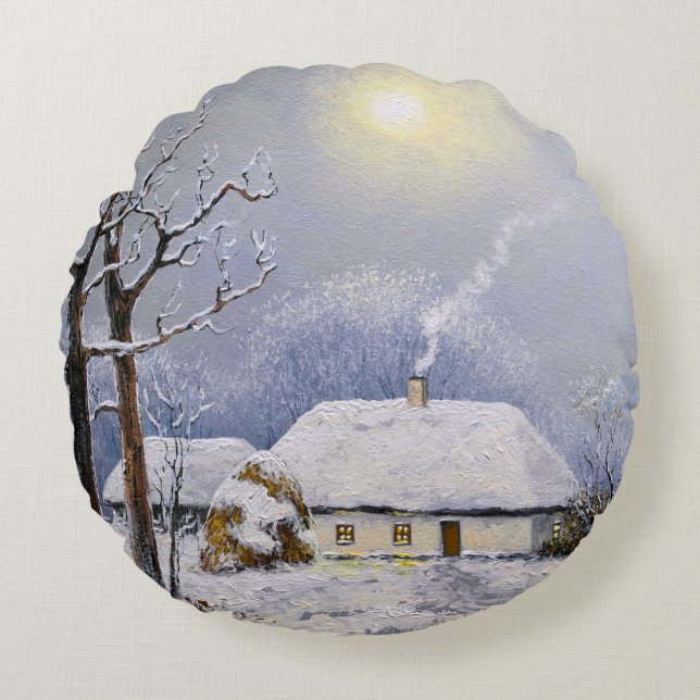 Cojín Redondo El petróleo pinta el paisaje rural. Invierno. Pueb (Anverso)