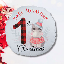 Cojín Redondo El primer nombre de hipopótamo lindo navideño